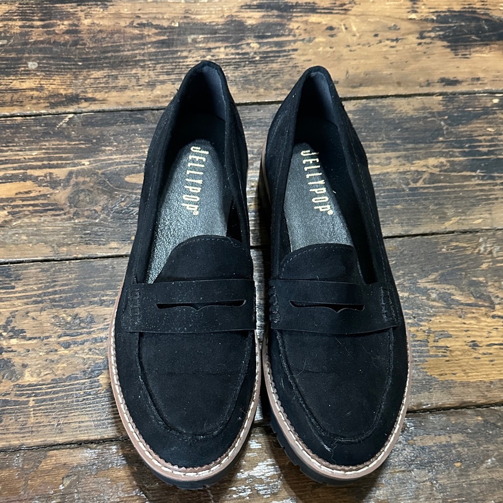 Jellypop Black Suede Penny Loafers with Lug Sole - Picture 2 of 4